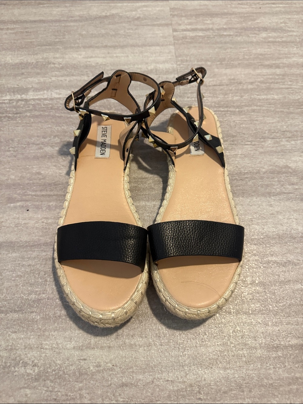 Steve Madden Black Ankle-Strap Espadrille Sandals with Stud Accents